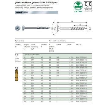 WKRĘT Z ŁBEM STOŻKOWYM 8*220MM TX WIROX SPAX