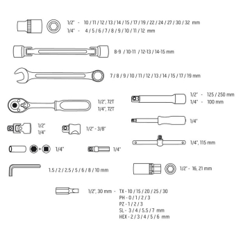 ZESTAW KLUCZY NASADOWYCH 1/4'',1/2'' 77 CZĘŚCI CRV
