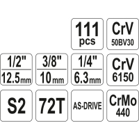 ZESTAW NARZĘDZIOWY 1/4'' 3/8'' 1/2'' 111CZĘŚCI XL