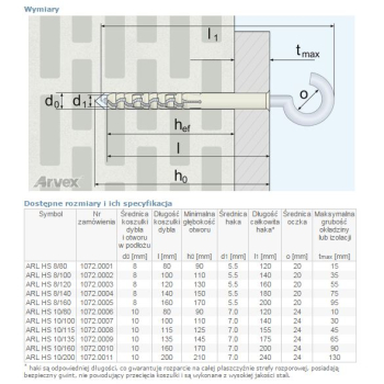 DYBEL RAMOWY Z HAKIEM SUFITOWYM ARL 10/100MM