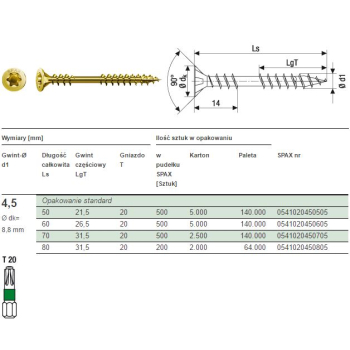 WKRĘT DO PODŁÓG OCYNK ŻÓŁTY TXTG VG 4.5*70MM SPAX