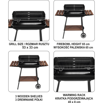GRILL WĘGLOWY Z PÓŁKAMI, RUSZT 53*33CM