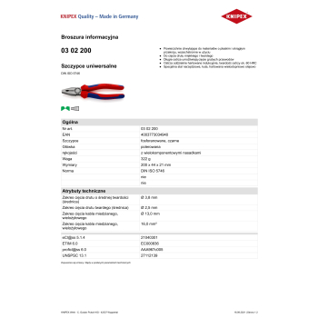Szczypce uniwersalne kombinerki 200mm PCV Knipex 03 02 200